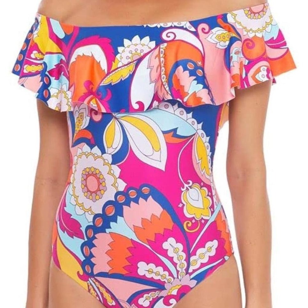 Trina Turk Pink and Blue Paisley Swimsuit Floral Off the Shoulder One Piece Suit